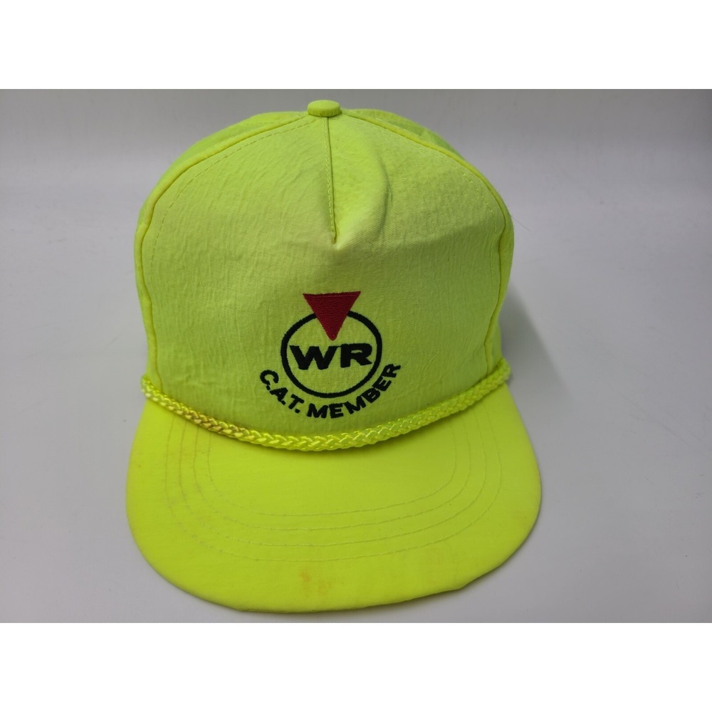 Vintage CAT Caterpillar Member WR Distressed Nylon Snapback Hat Cap Neon Yellow